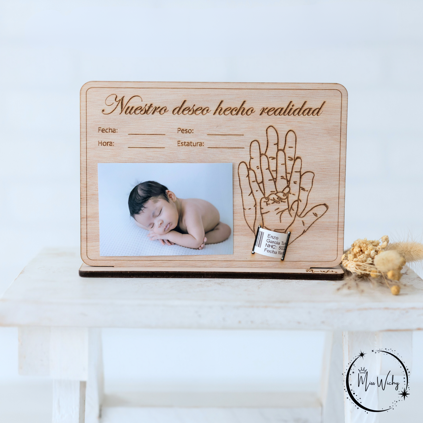 Set de regalo personalizado para recién nacido con conjunto de punto y porta pulsera del hospital