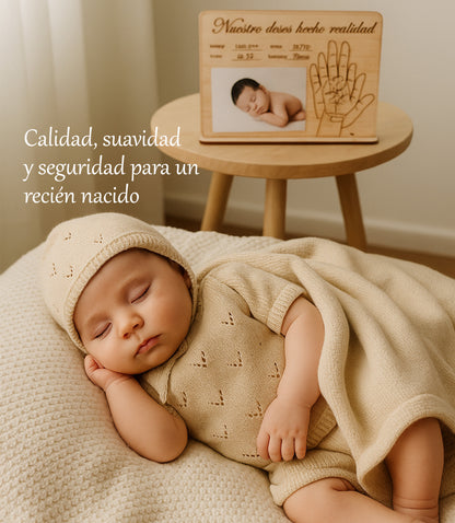 Set de regalo personalizado para recién nacido con conjunto de punto y porta pulsera del hospital