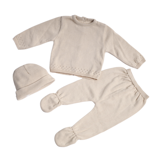 Conjunto tejido para bebé 3 piezas – Beige